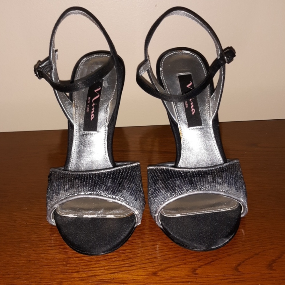 Nina Black Sparkle Peep Toe Heels